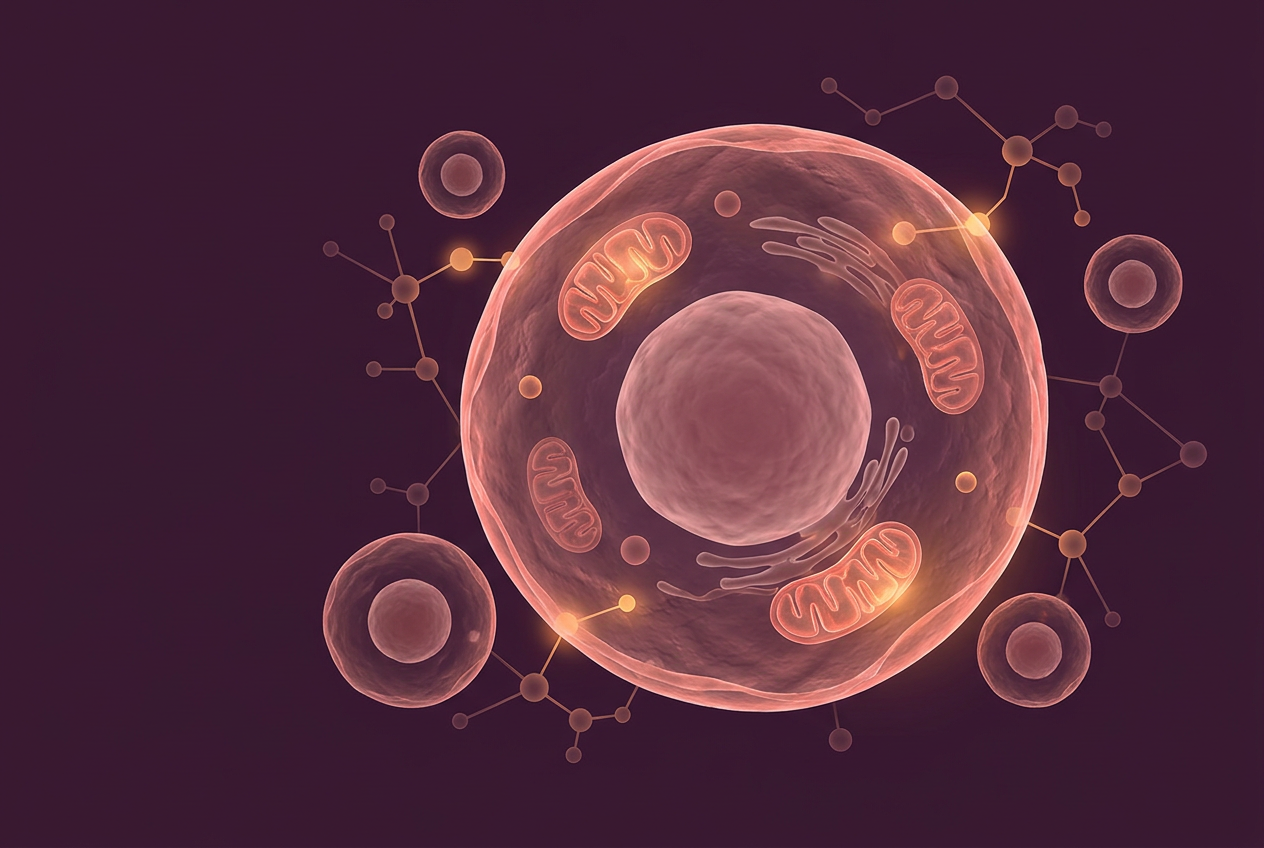 Conceptual illustration of a cell with a central nucleus and coral-colored mitochondria against a plum background.