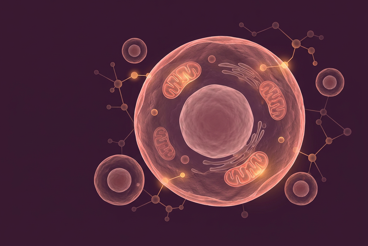 Conceptual illustration of a cell with a central nucleus and coral-colored mitochondria against a plum background.