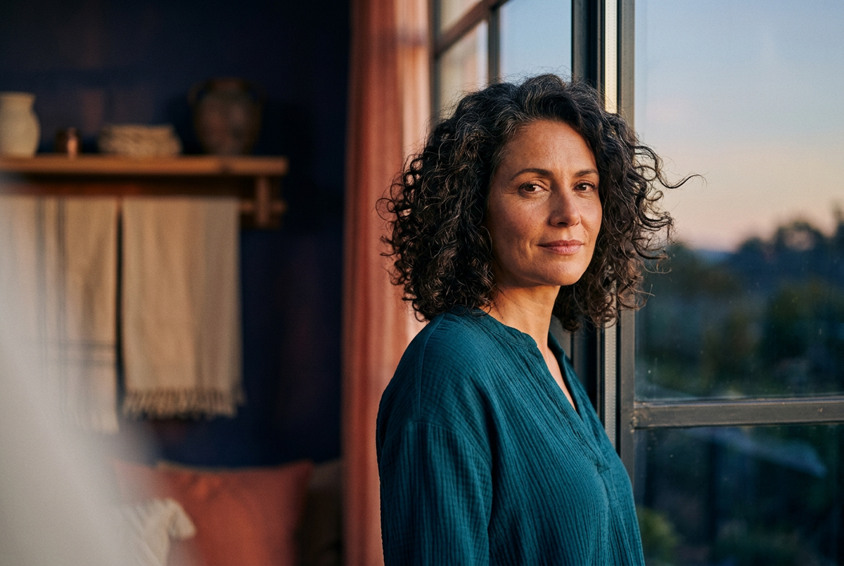 Woman with curly dark hair wearing a teal blouse beside a window in warm evening light.
