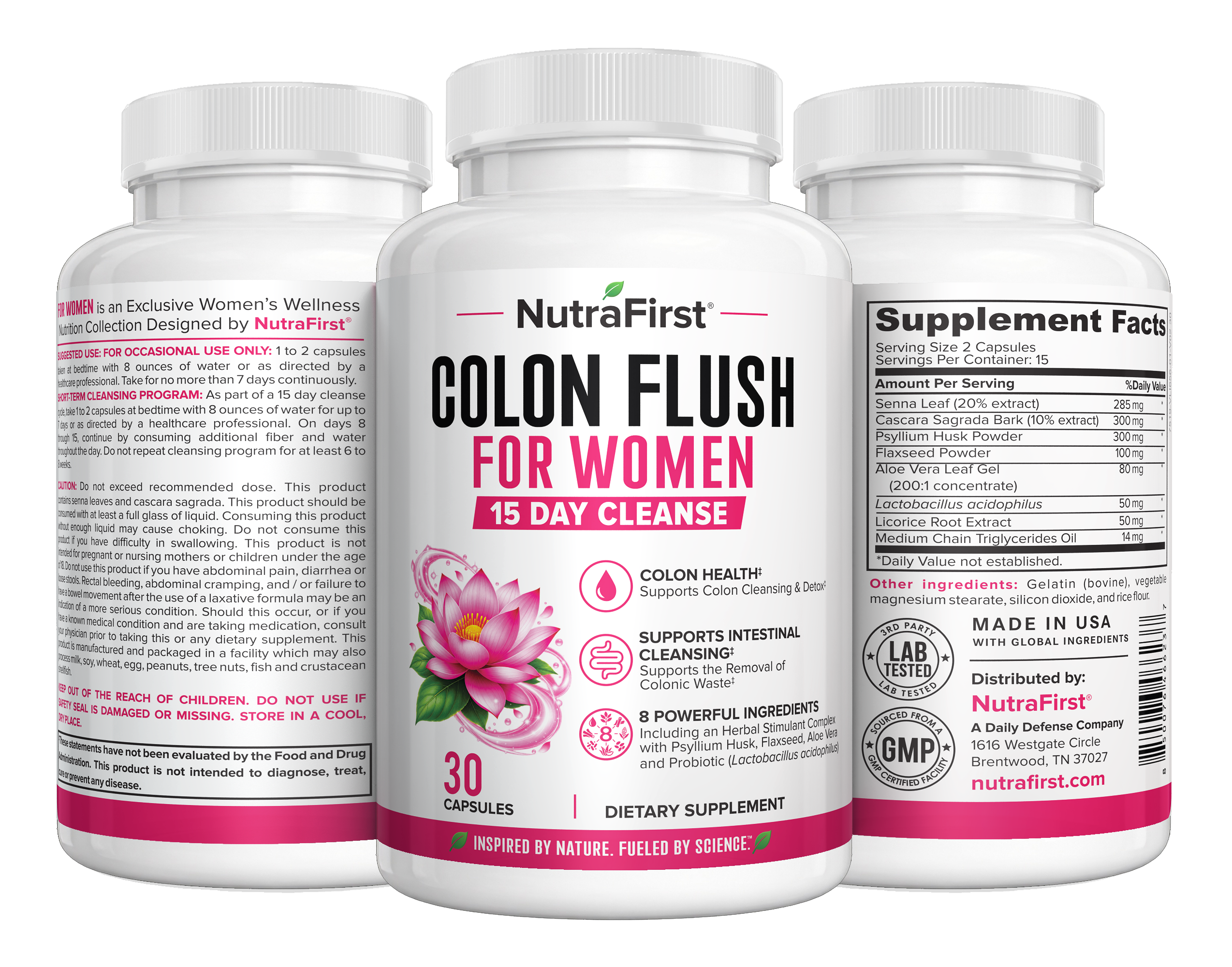 Three NutraFirst Colon Flush for Women 15 Day Cleanse capsule bottles (30 Capsules)