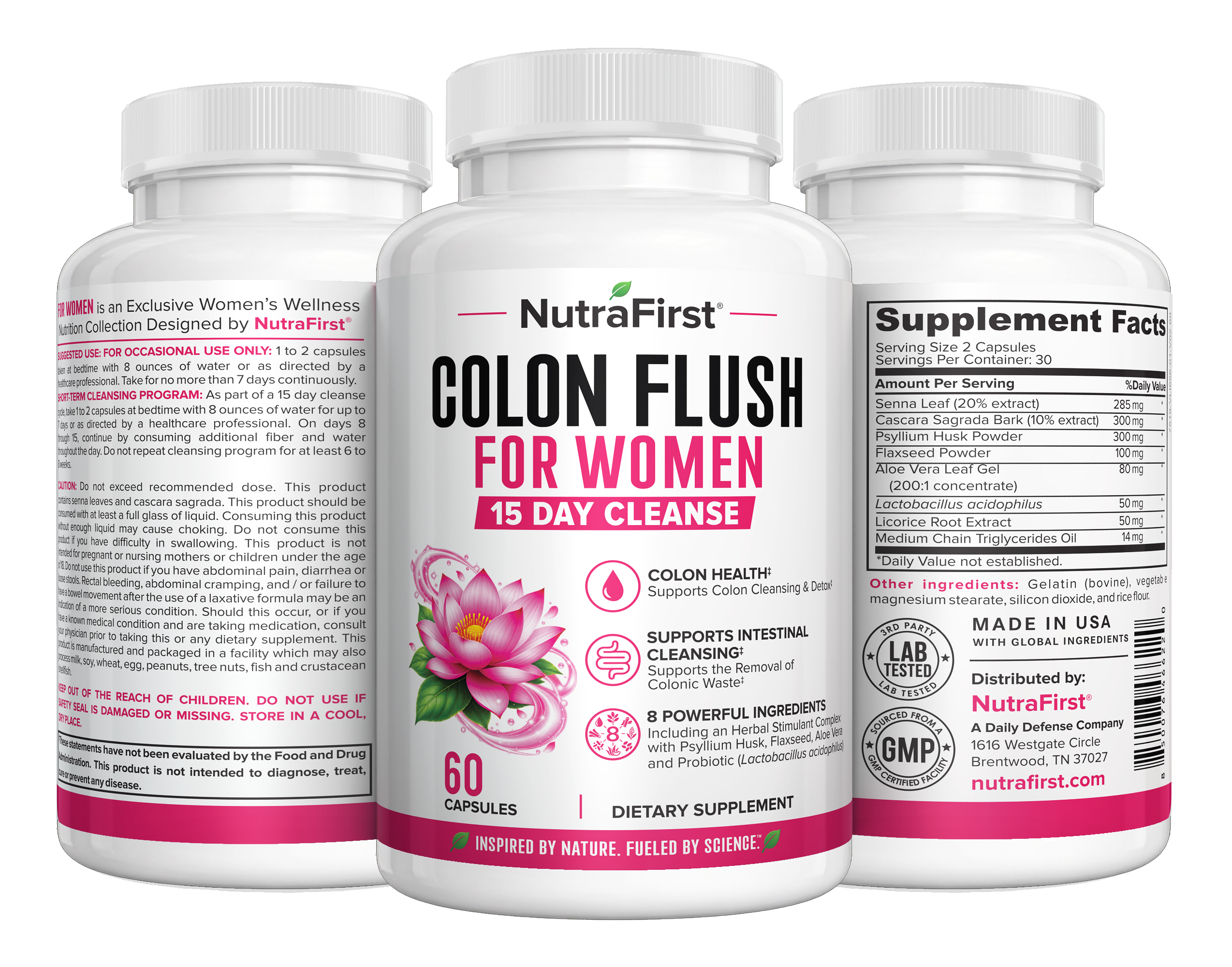 Three NutraFirst Colon Flush for Women 15 Day Cleanse capsule bottles (60 Capsules)