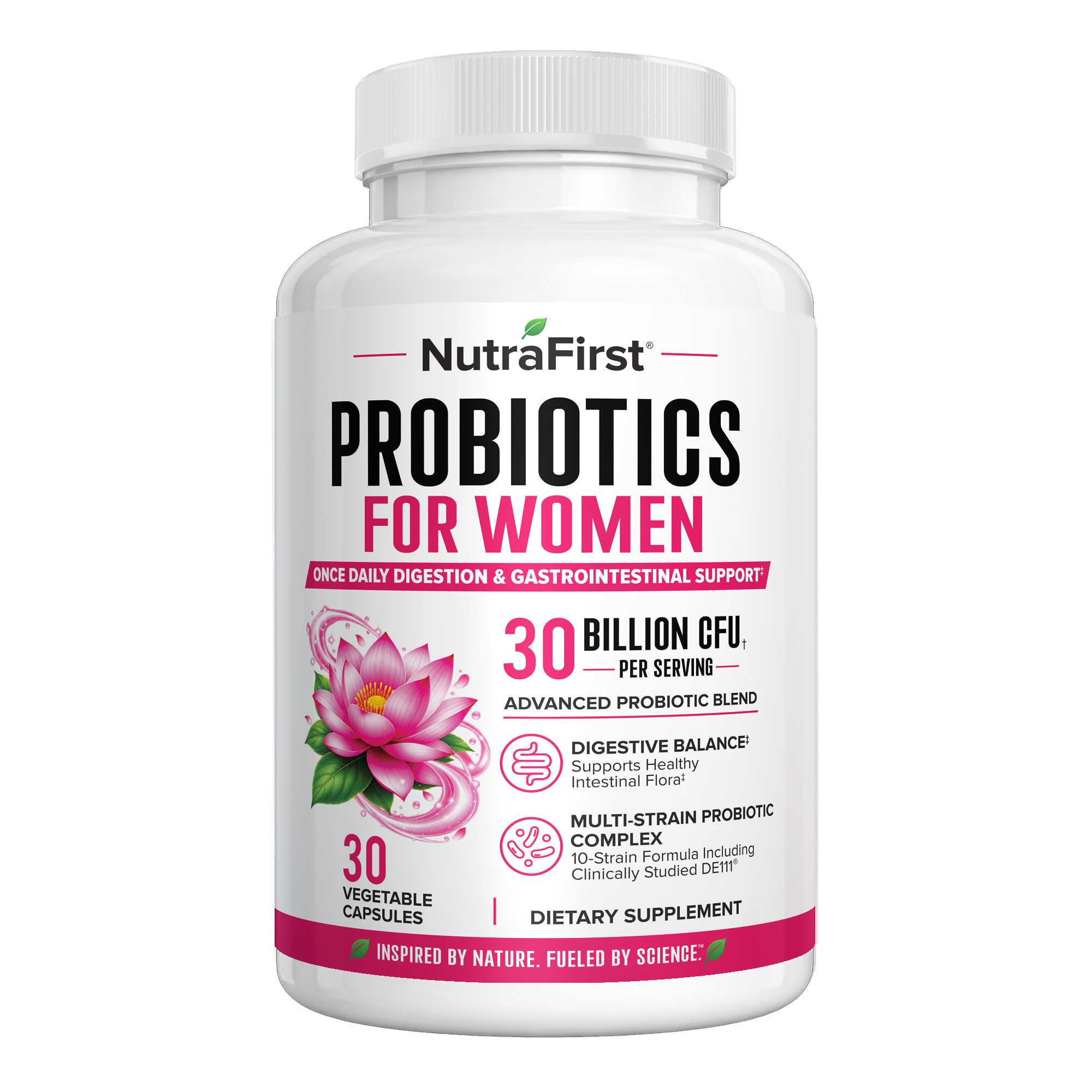 NutraFirst Probiotics for Women 30 Billion CFU, 30 vegetable capsules, front of bottle