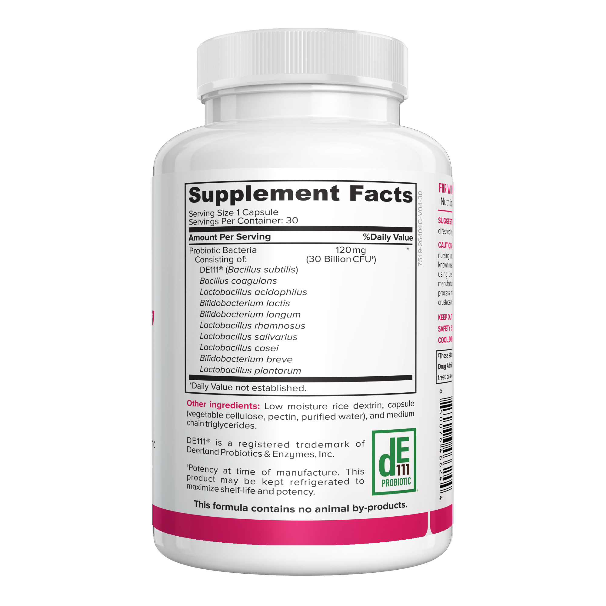 NutraFirst Probiotics for Women 30 Billion CFU, 30 vegetable capsules, Supplement Facts panel listing 10 probiotic strains