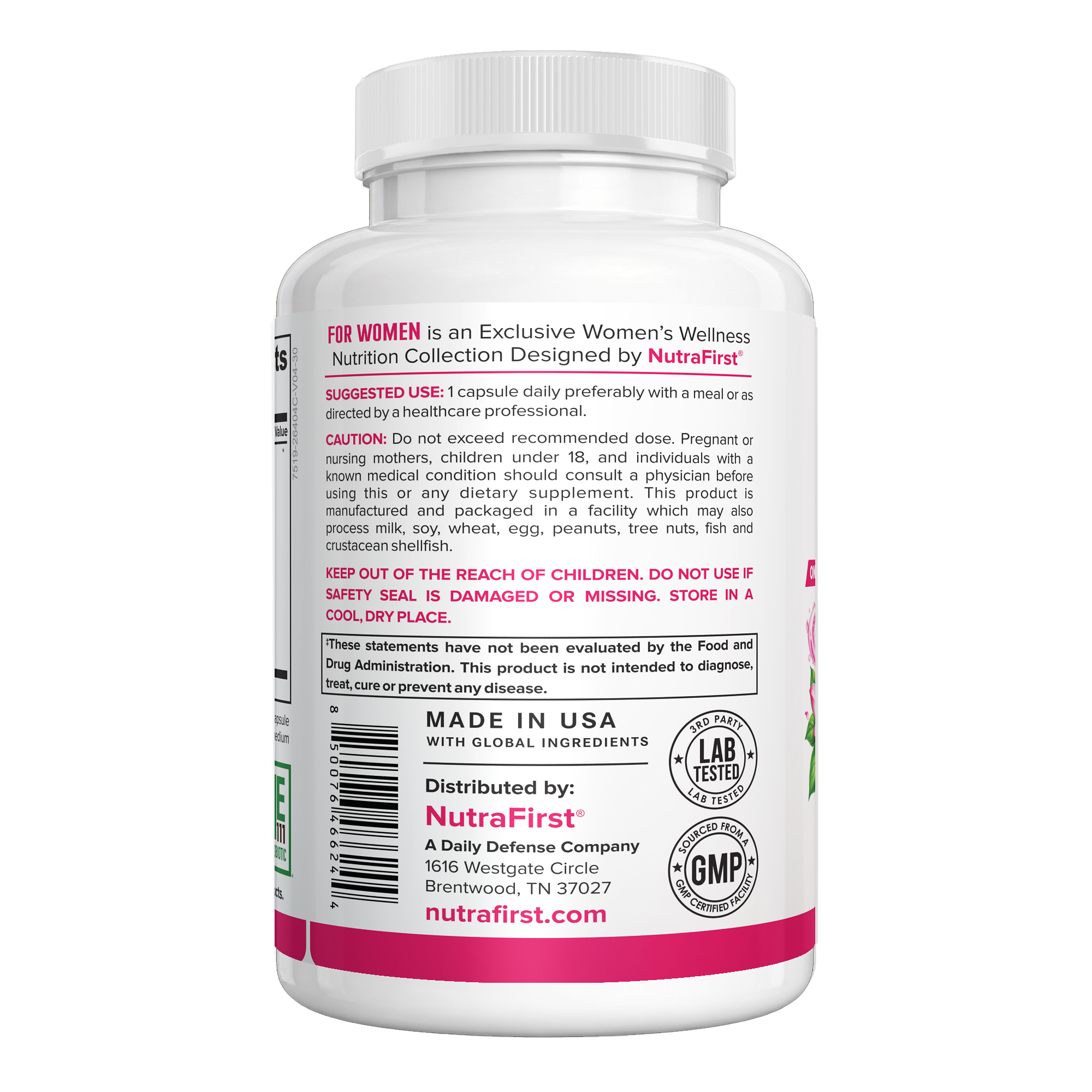 NutraFirst Probiotics for Women 30 Billion CFU, 30 vegetable capsules, suggested use and caution label