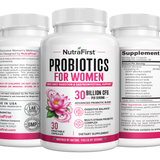 NutraFirst Probiotics for Women 30 Billion CFU, 30 vegetable capsules, front, side and back views of the bottle