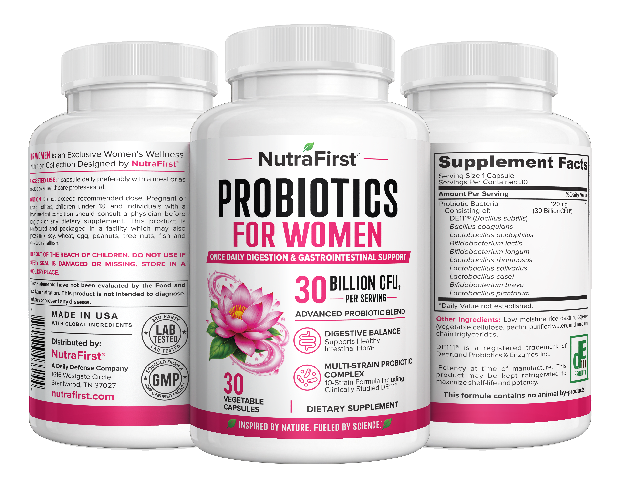NutraFirst Probiotics for Women 30 Billion CFU, 30 vegetable capsules, front, side and back views of the bottle