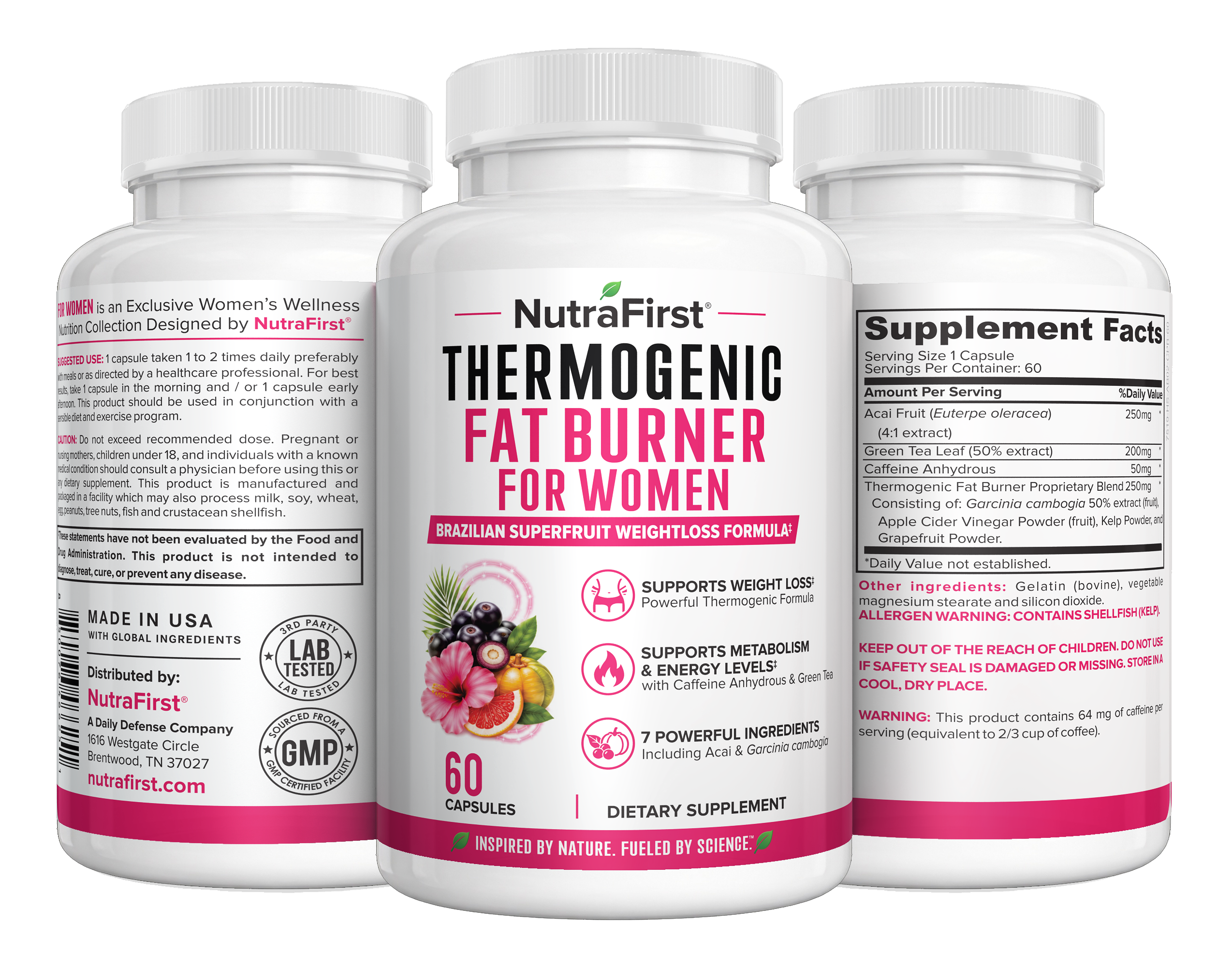 Three NutraFirst Thermogenic Fat Burner for Women capsule bottles (60 Capsules)