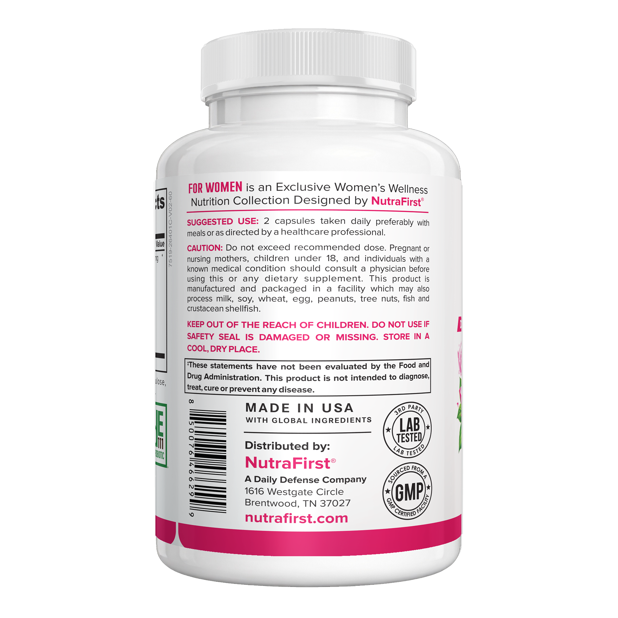 NutraFirst Advanced Probiotics for Women, 60 vegetable capsules, suggested use and caution label