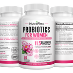 NutraFirst Advanced Probiotics for Women, 60 vegetable capsules, front, side and back views of the bottle