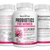 NutraFirst Advanced Probiotics for Women, 60 vegetable capsules, front, side and back views of the bottle