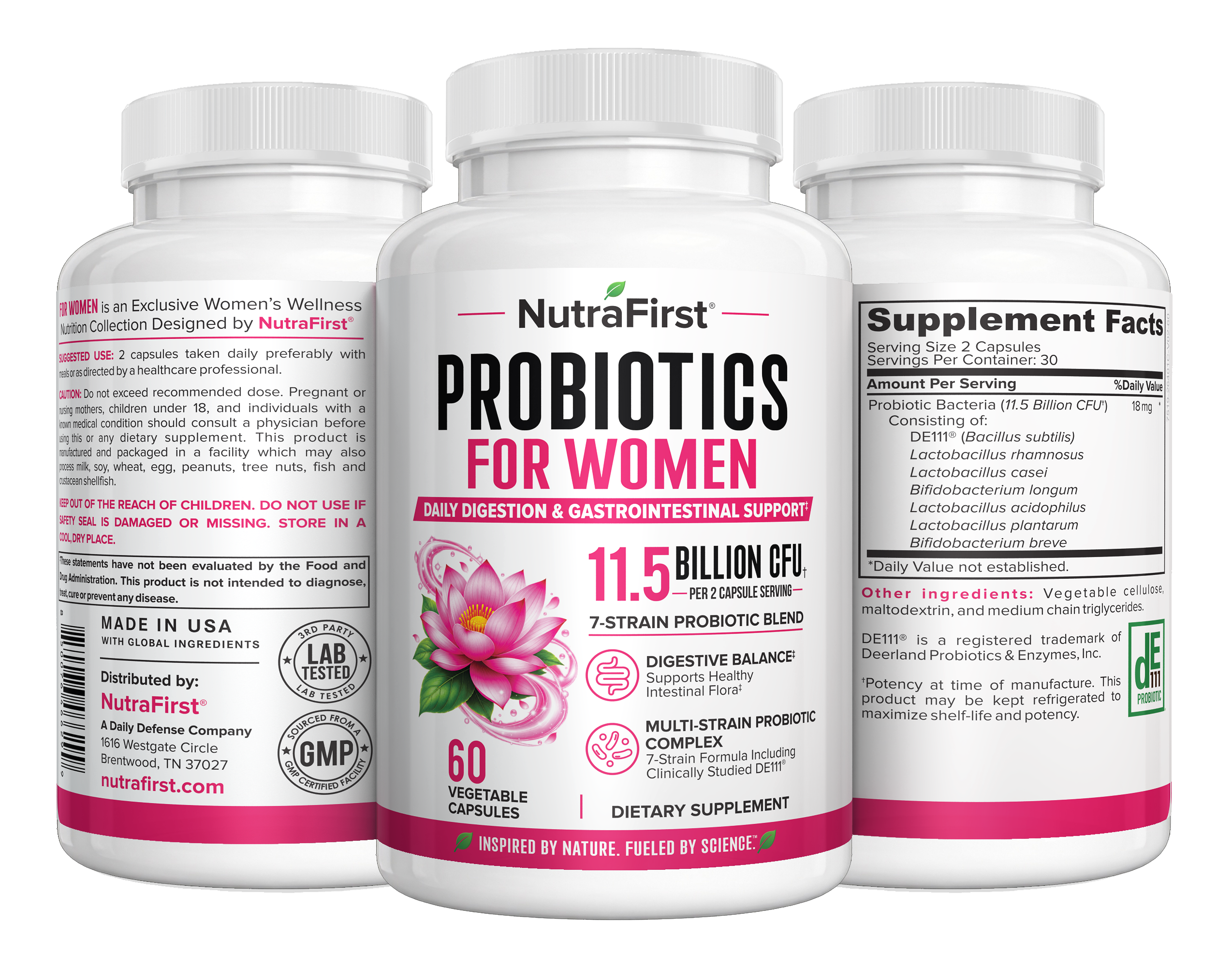 NutraFirst Advanced Probiotics for Women, 60 vegetable capsules, front, side and back views of the bottle