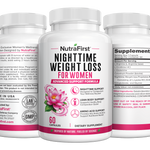 Three NutraFirst Nighttime Weight Loss for Women 60 capsule bottles showing front label, Supplement Facts and directions