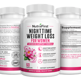 Three NutraFirst Nighttime Weight Loss for Women 60 capsule bottles showing front label, Supplement Facts and directions