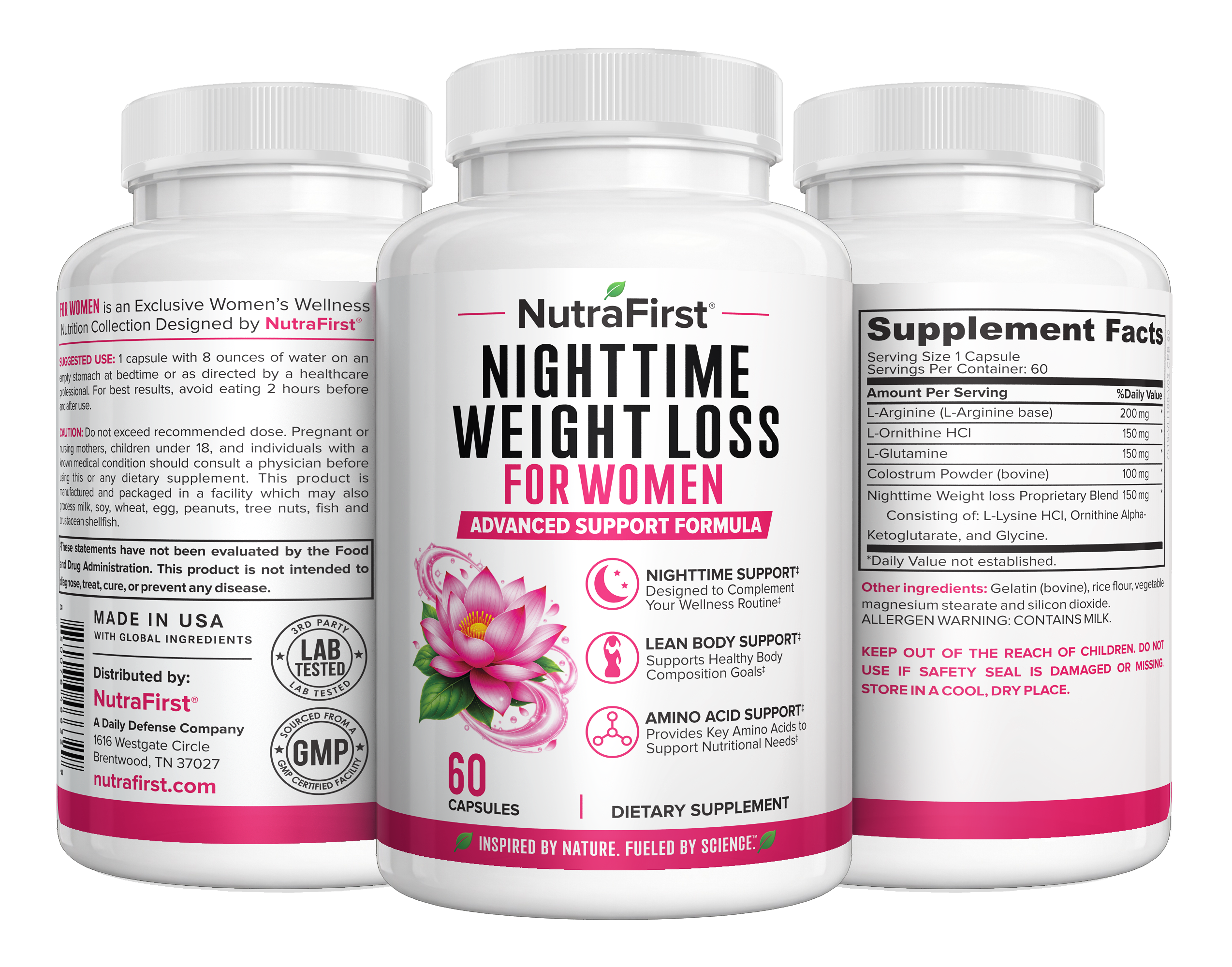 Three NutraFirst Nighttime Weight Loss for Women 60 capsule bottles showing front label, Supplement Facts and directions