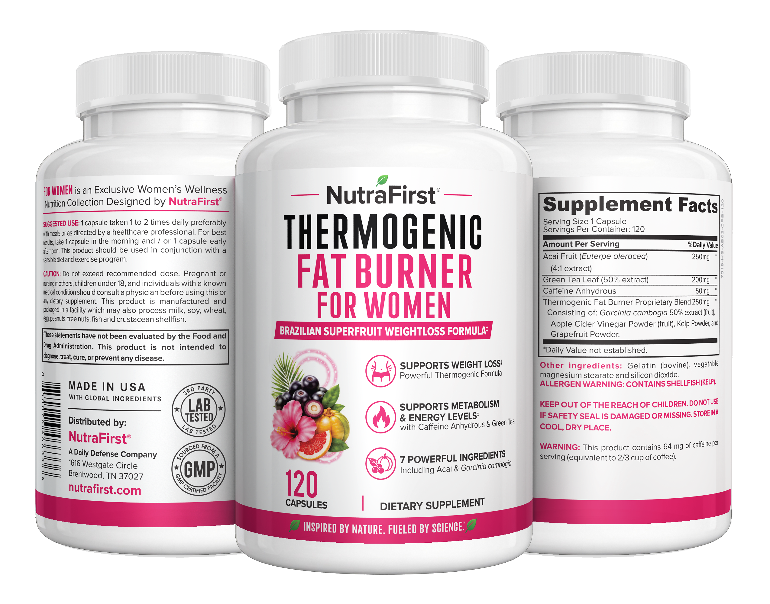 Three NutraFirst Thermogenic Fat Burner for Women capsule bottles (120 Capsules)