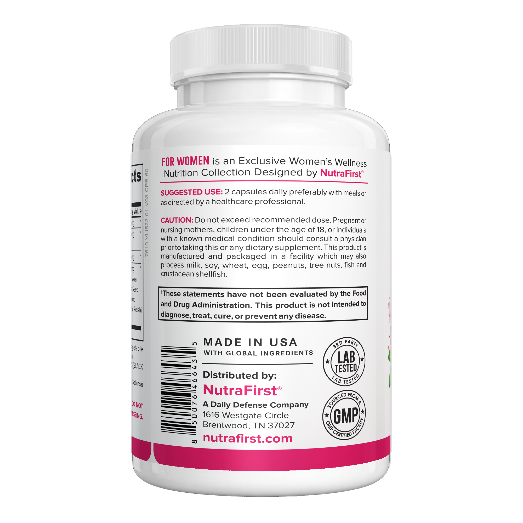 Flora Support for Women 60 capsules bottle side with suggested use, caution and Made in USA details