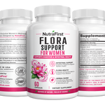 Three NutraFirst Flora Support for Women 60 capsule bottles showing front label, Supplement Facts and directions