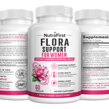 Three NutraFirst Flora Support for Women 60 capsule bottles showing front label, Supplement Facts and directions