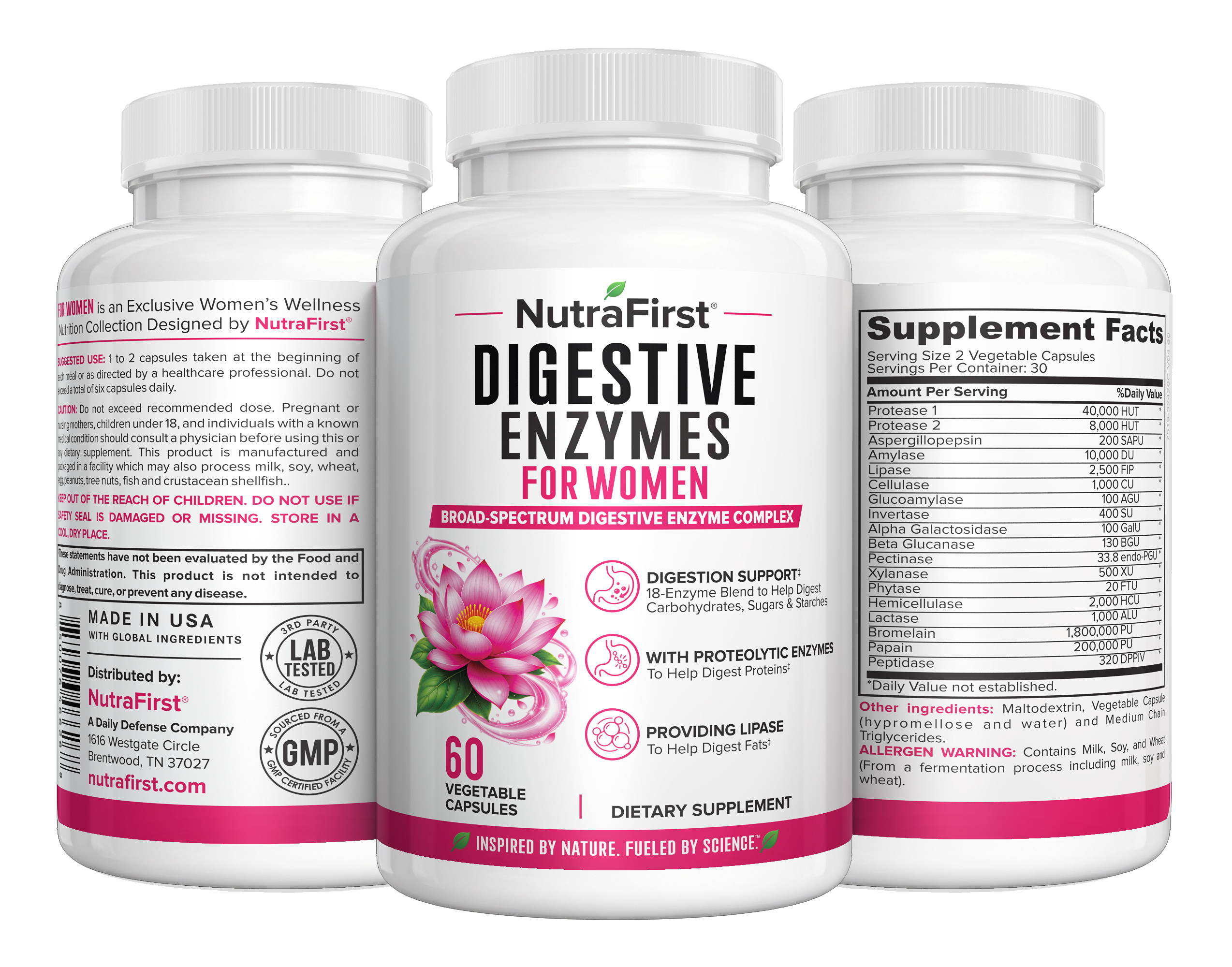 NutraFirst Digestive Enzymes for Women, 60 vegetable capsules, front, side and back views of the bottle