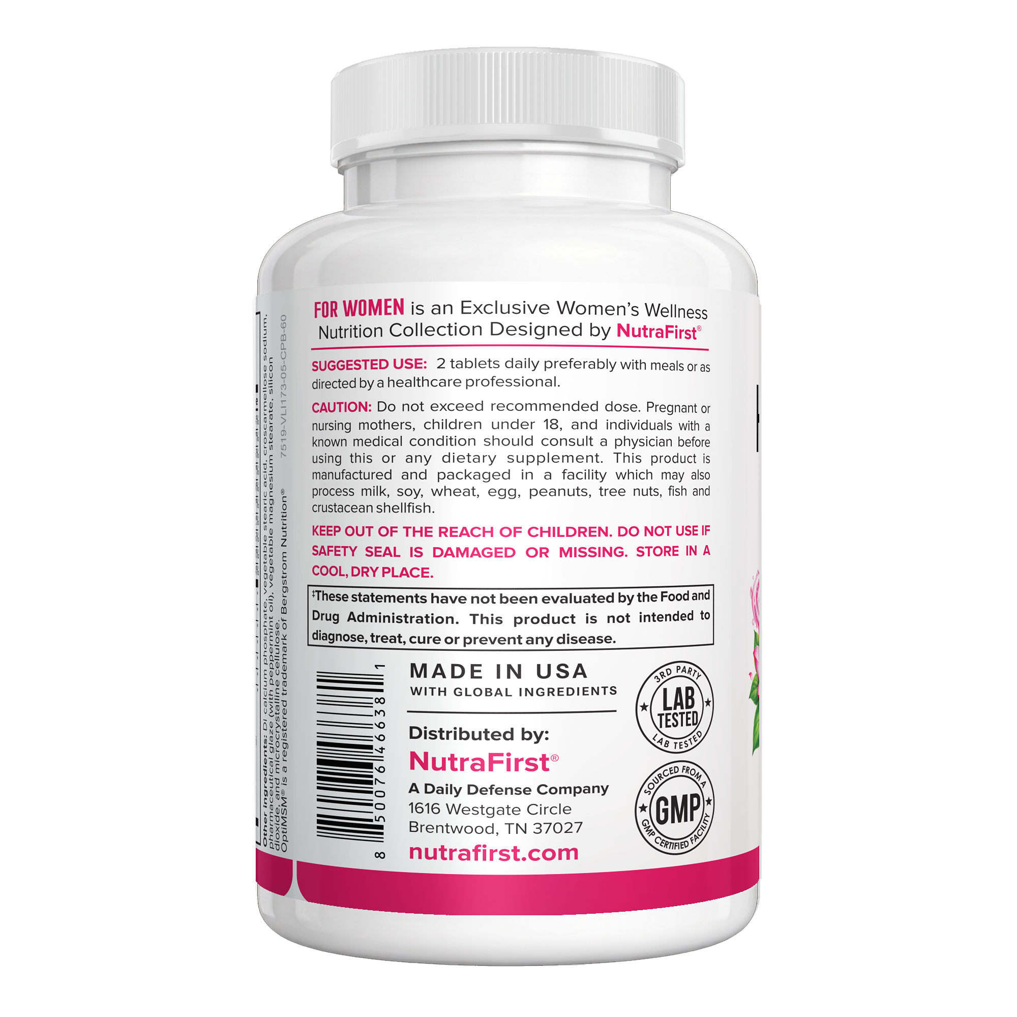 NutraFirst Hair, Skin & Nails for Women, 60 tablets, suggested use and caution label