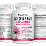 NutraFirst Hair, Skin & Nails for Women, 60 tablets, front, side and back views of the bottle
