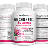 NutraFirst Hair, Skin & Nails for Women, 60 tablets, front, side and back views of the bottle