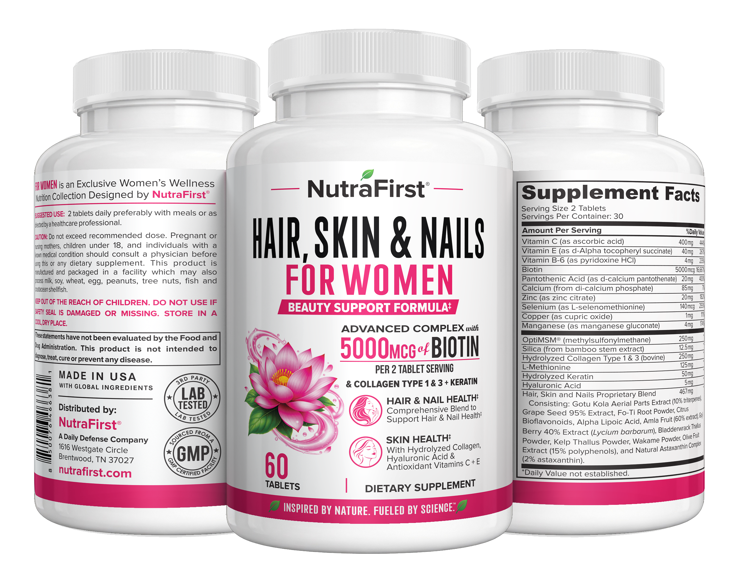 NutraFirst Hair, Skin & Nails for Women, 60 tablets, front, side and back views of the bottle