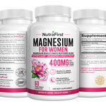 NutraFirst Magnesium for Women, 60 vegetable capsules, front, side and back views of the bottle
