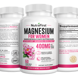 NutraFirst Magnesium for Women, 60 vegetable capsules, front, side and back views of the bottle