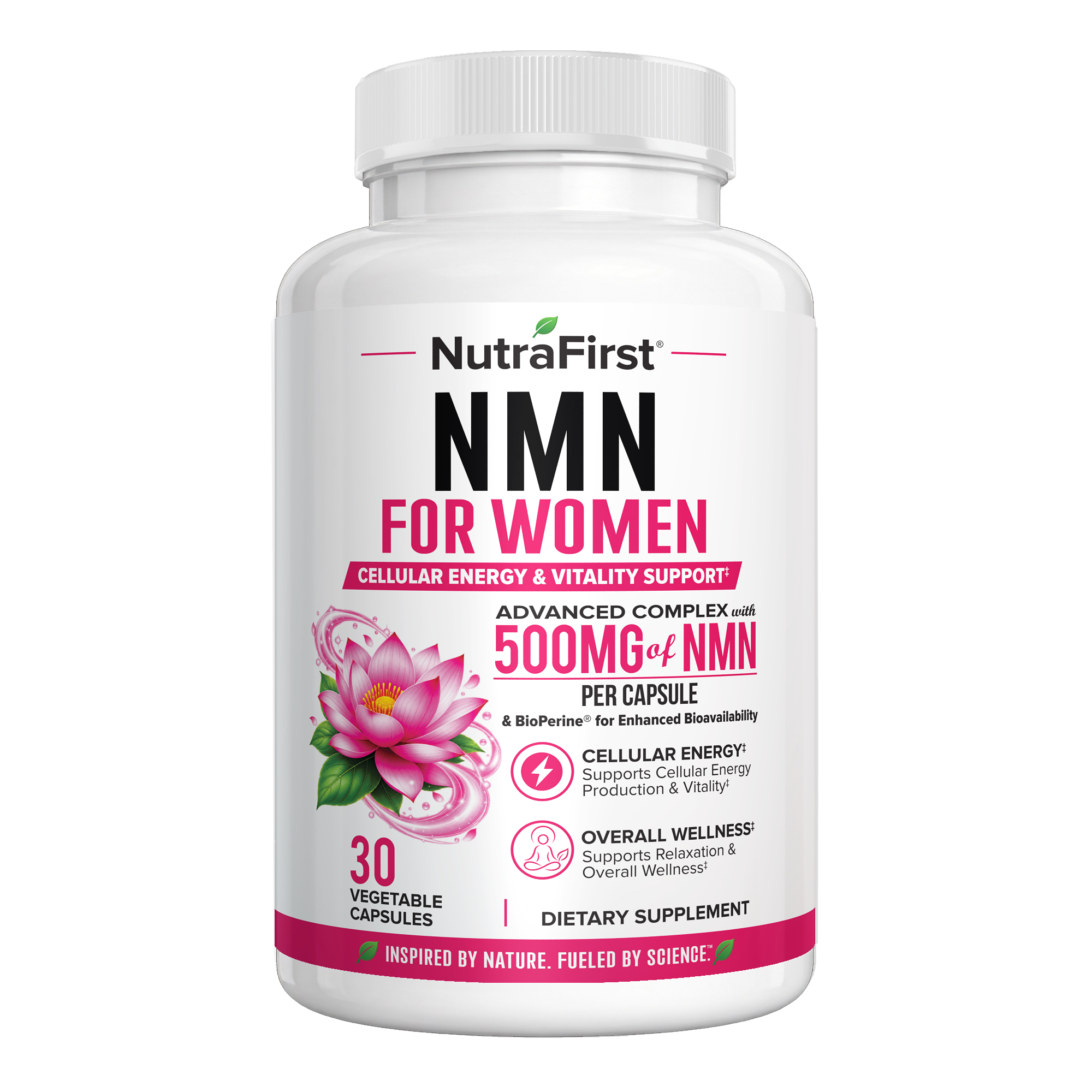 NutraFirst NMN for Women, 30 vegetable capsules, front of bottle