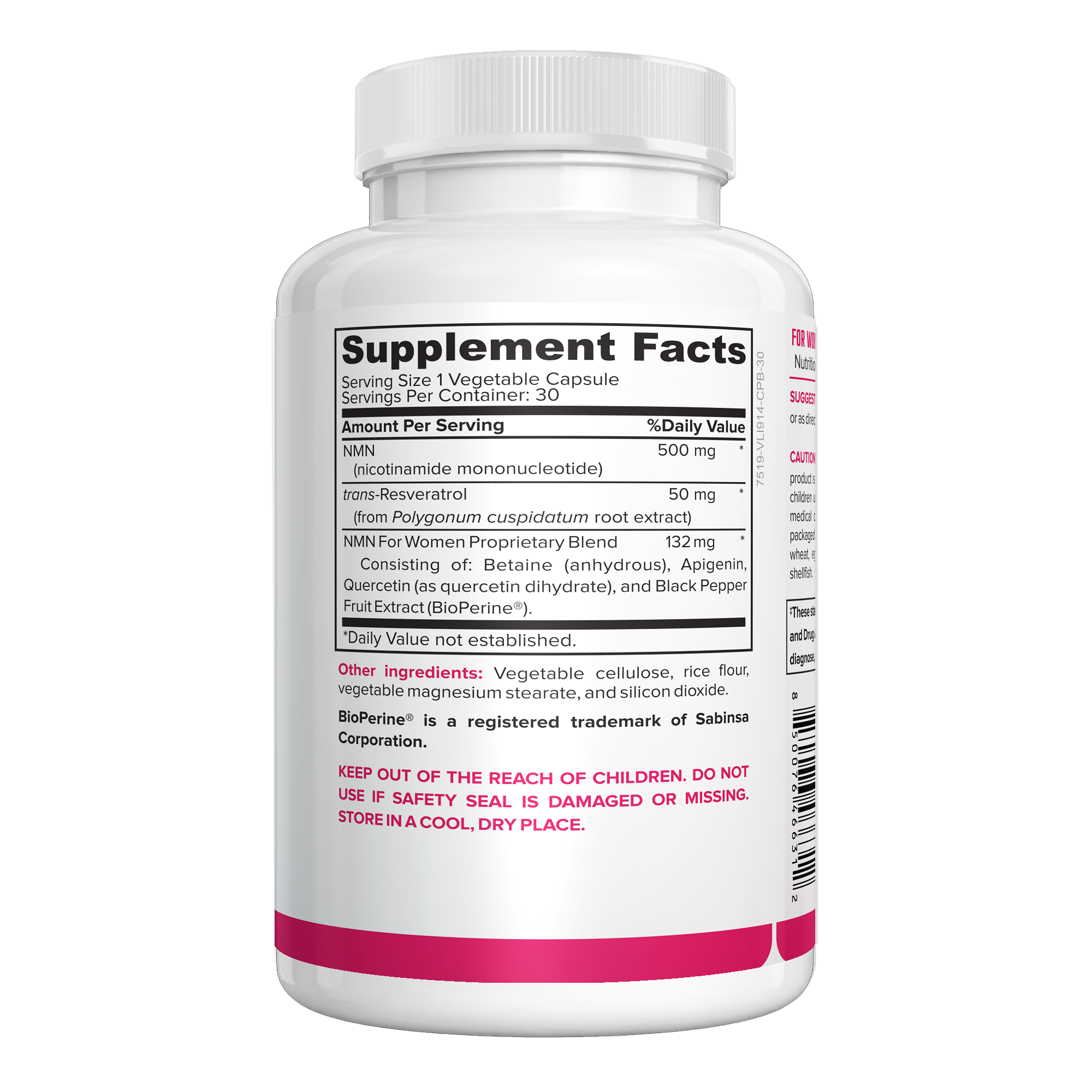 NMN for Women 30 vegetable capsules Supplement Facts panel