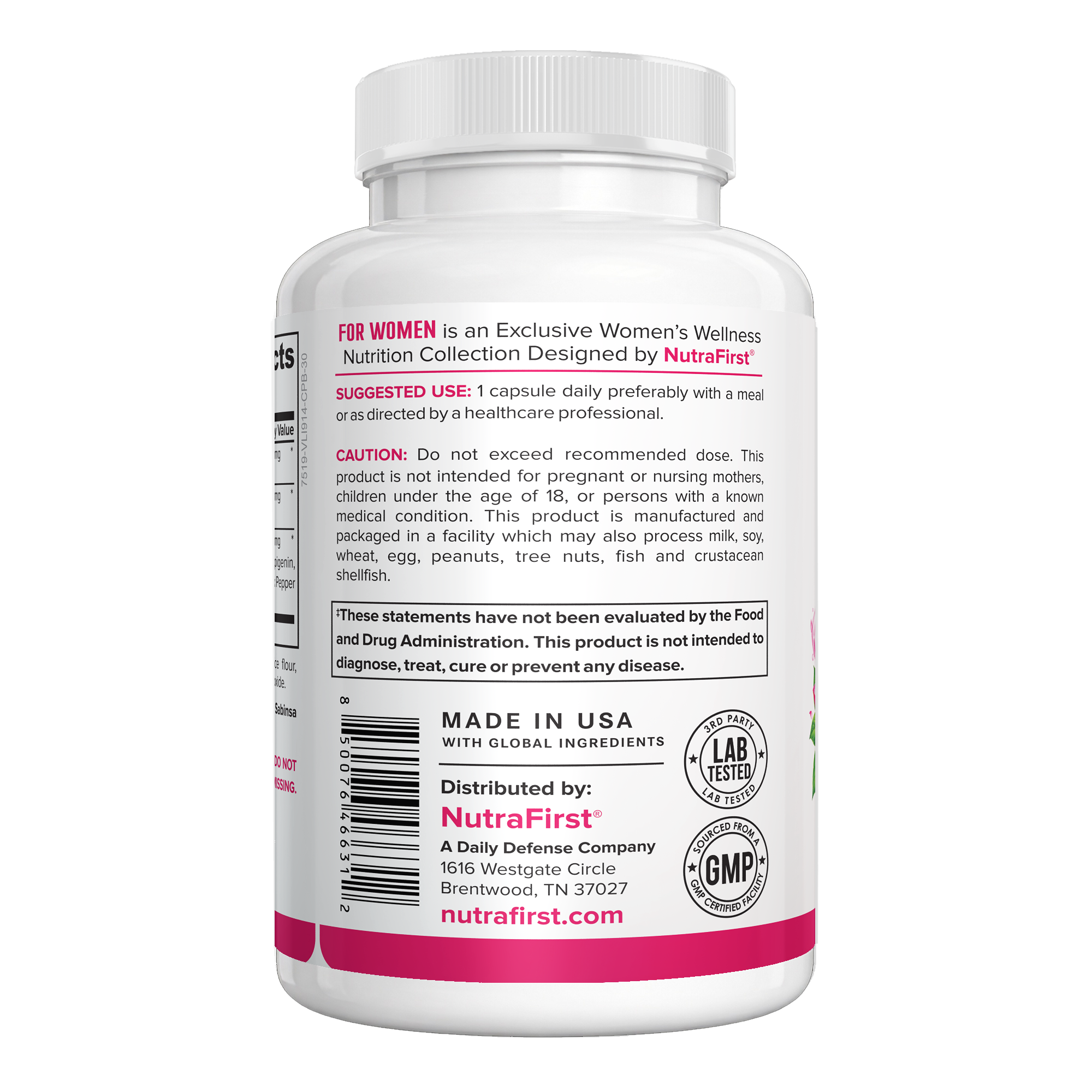 NMN for Women 30 vegetable capsules bottle side with suggested use, caution and Made in USA details