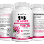 Three NutraFirst NMN for Women 30 capsule bottles showing front label, Supplement Facts and directions