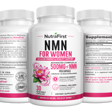 Three NutraFirst NMN for Women 30 capsule bottles showing front label, Supplement Facts and directions