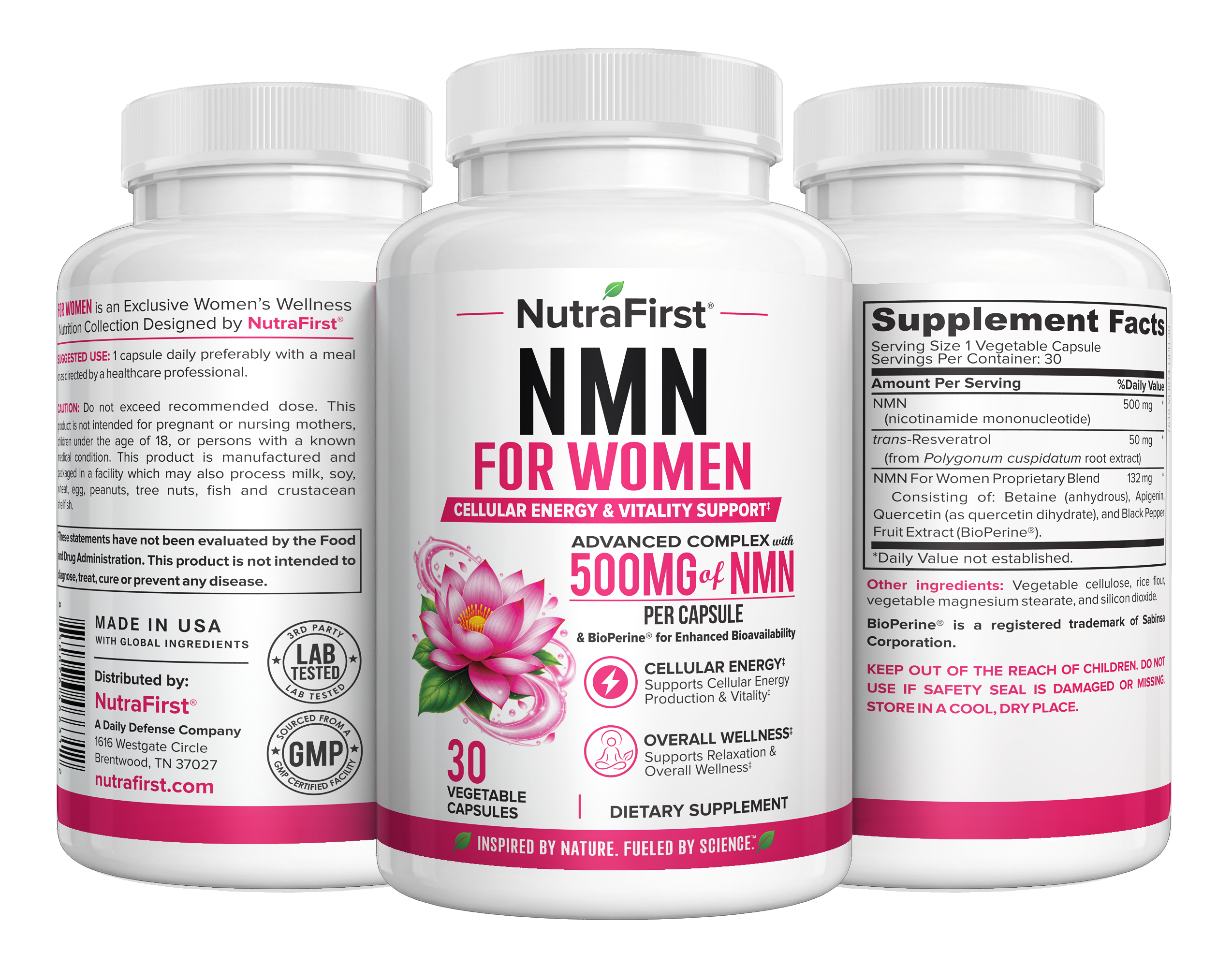 Three NutraFirst NMN for Women 30 capsule bottles showing front label, Supplement Facts and directions