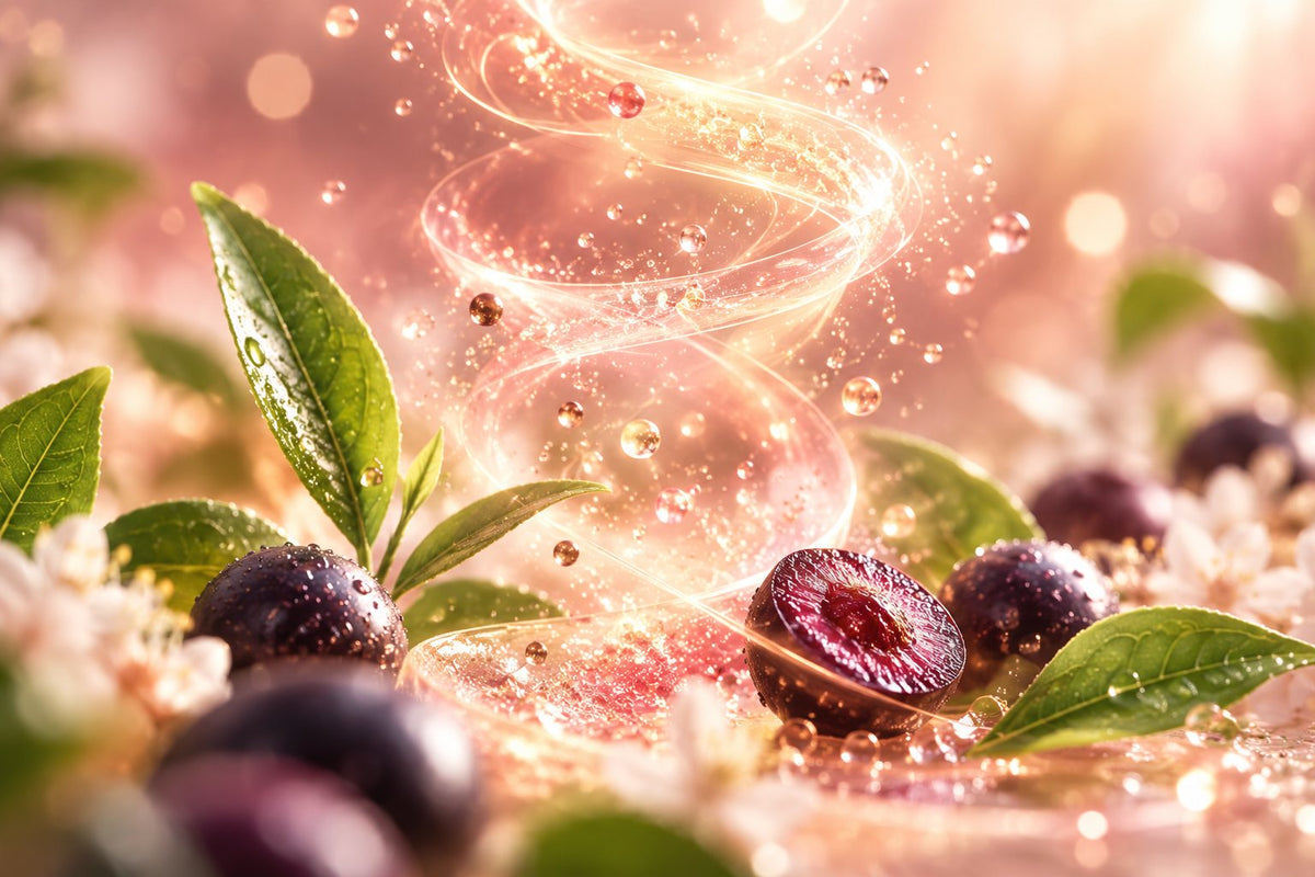 Warm golden light spiraling upward with green tea leaves and acai berries, suggesting energy and metabolism