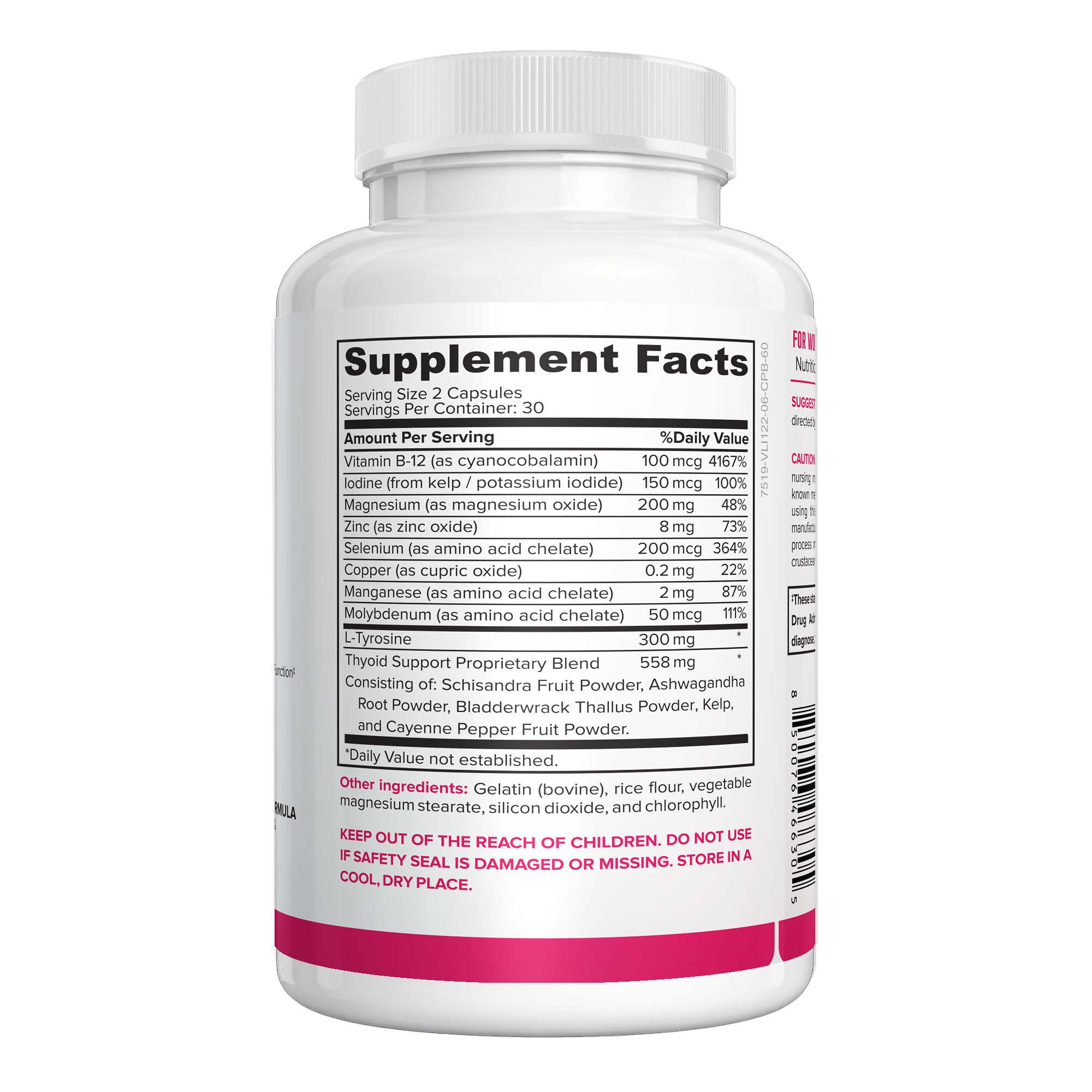 NutraFirst Thyroid Support for Women, 60 capsules, Supplement Facts panel with B-12, iodine and selenium