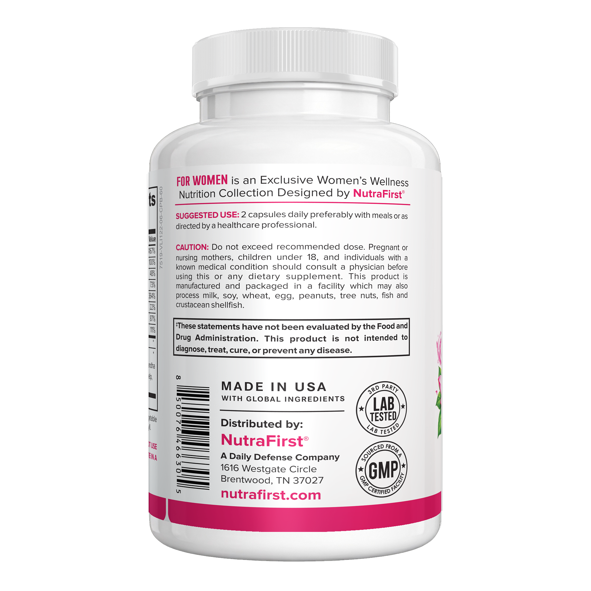 NutraFirst Thyroid Support for Women, 60 capsules, suggested use and caution label