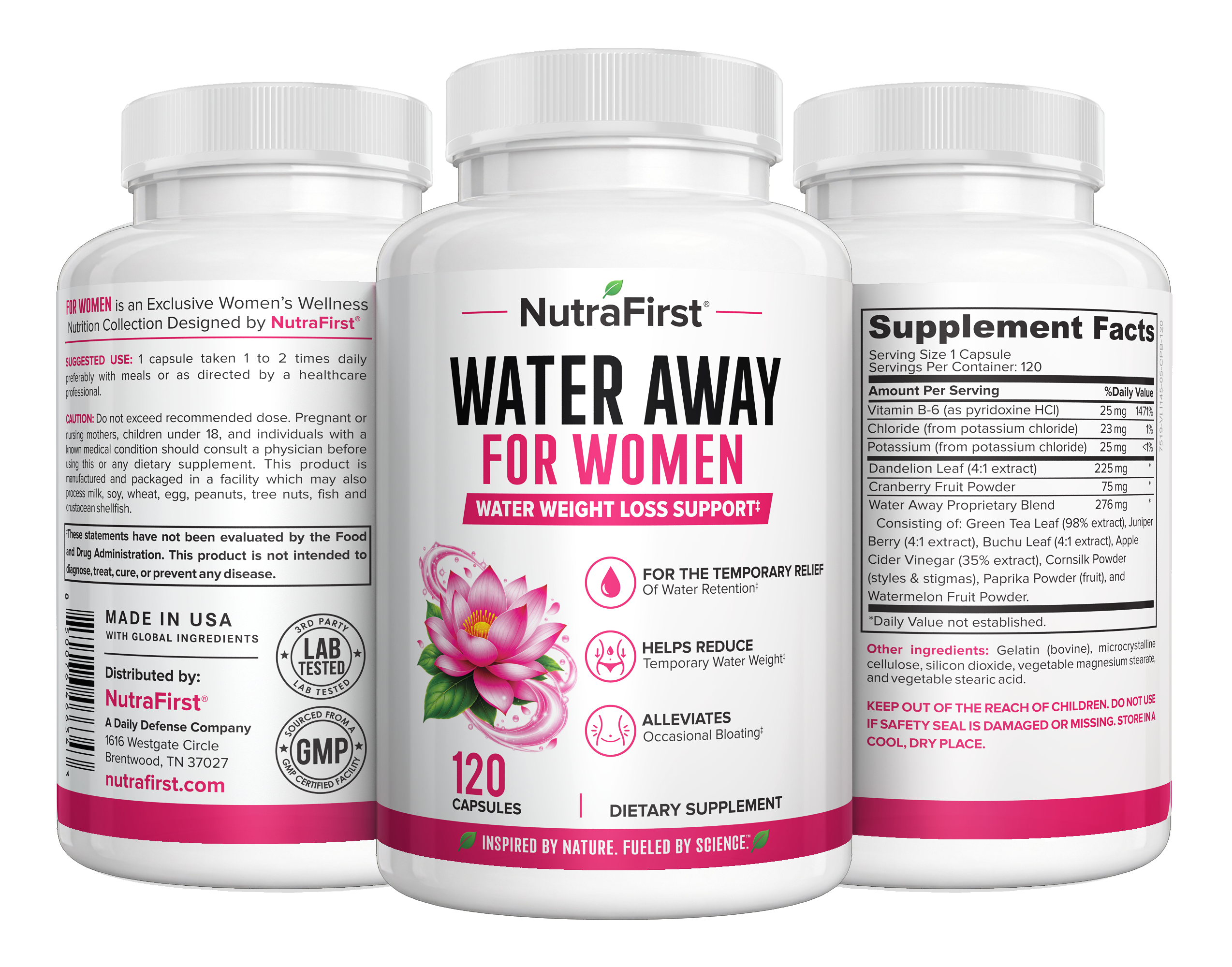 NutraFirst Water Away for Women, 60 capsules, front, side and back views of the bottle (120 Capsules)
