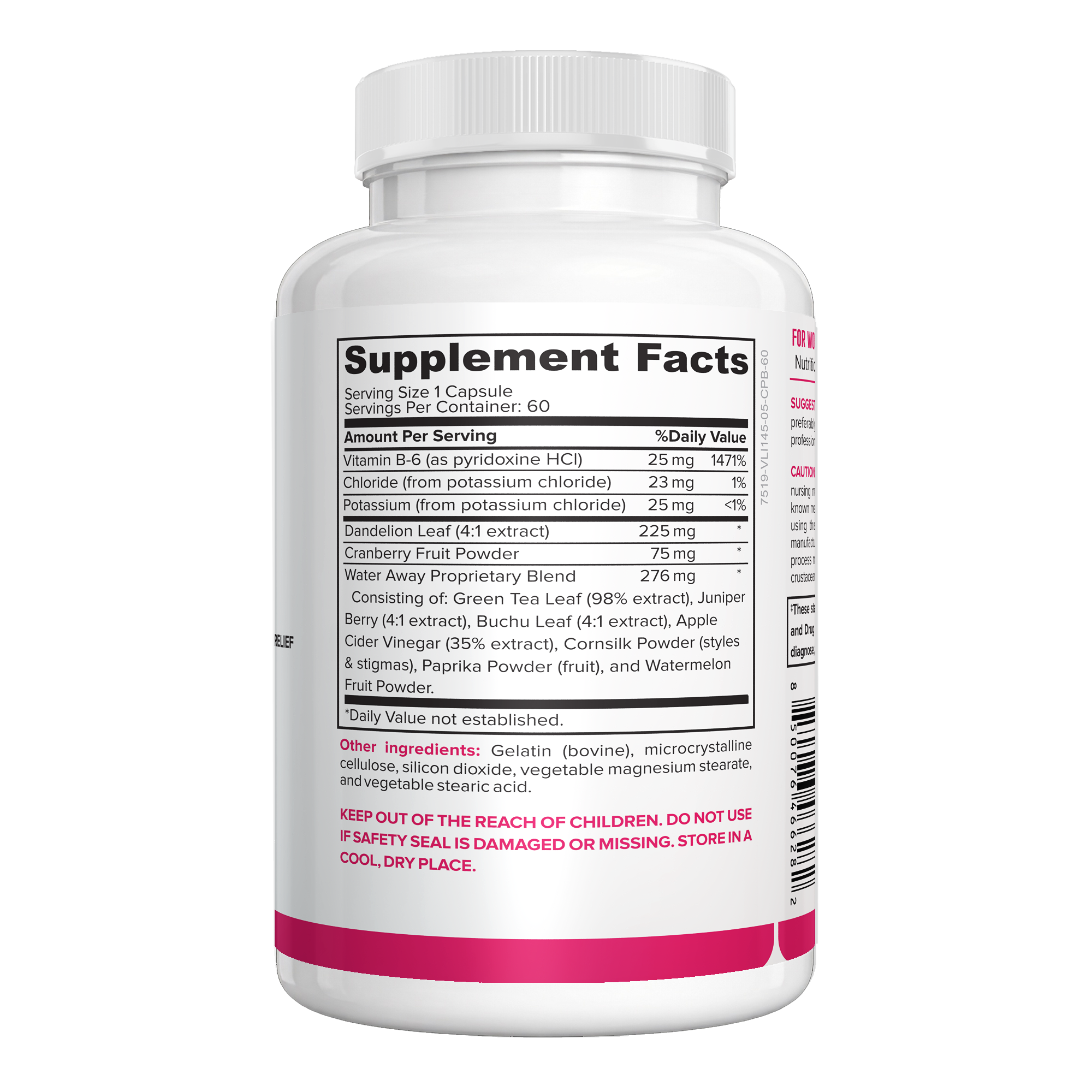 NutraFirst Water Away for Women, 60 capsules, Supplement Facts panel (60 Capsules)
