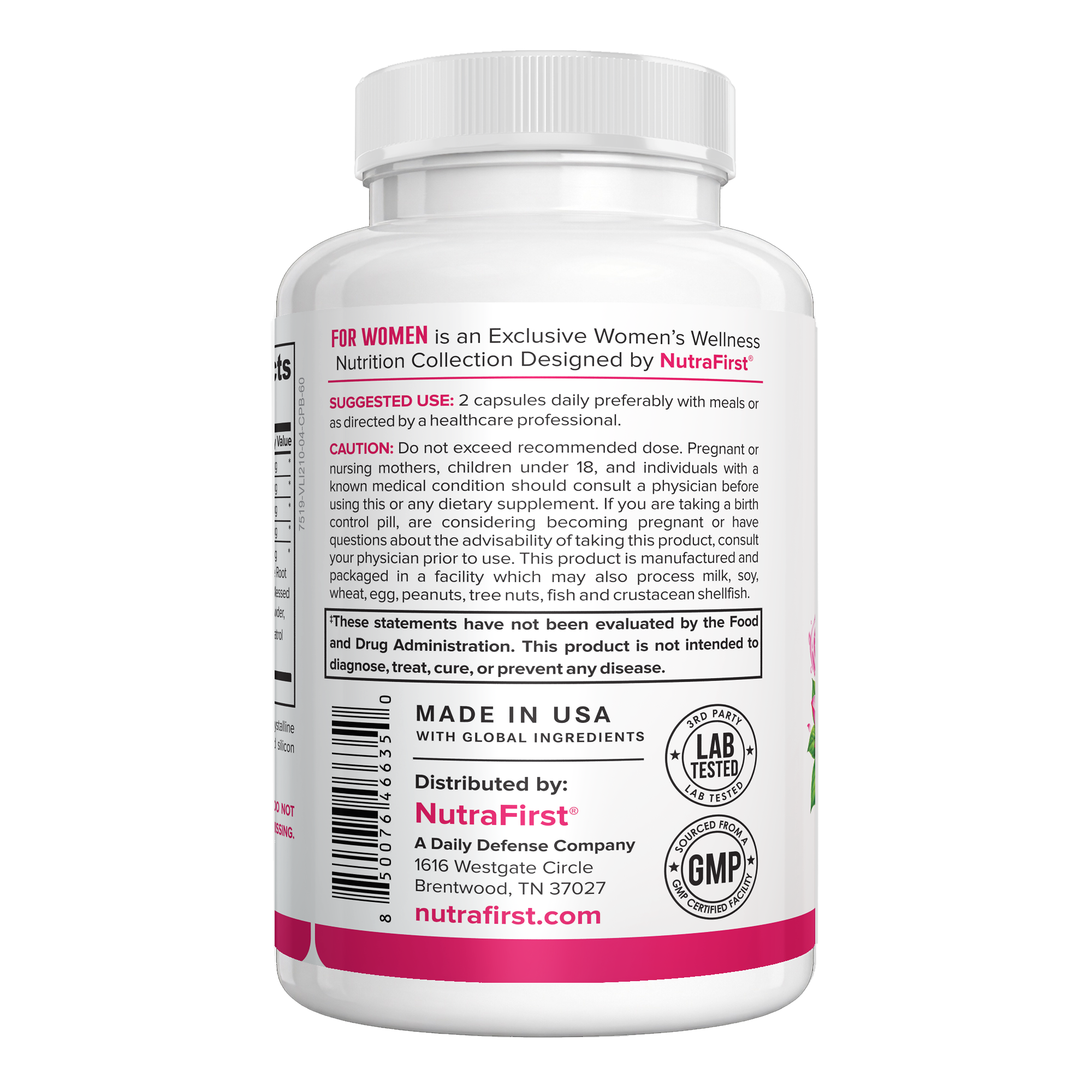 Menopause Support for Women 60 capsules bottle side with suggested use, caution and Made in USA details