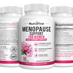 Three NutraFirst Menopause Support for Women 60 capsule bottles showing directions, front label and Supplement Facts