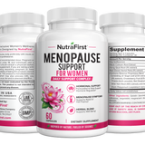 Three NutraFirst Menopause Support for Women 60 capsule bottles showing directions, front label and Supplement Facts